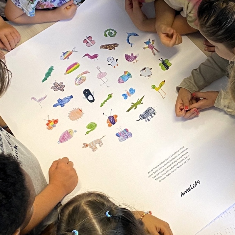 De tweede poster wordt bekeken door de kinderen in de klas